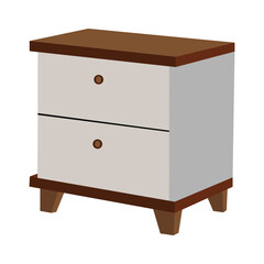 Wooden nightstand with two drawers and angled legs on a white background