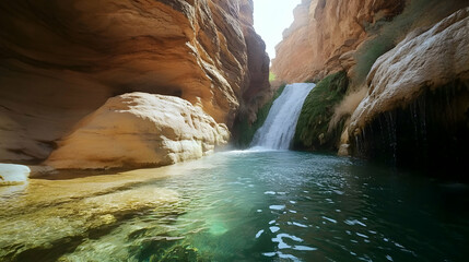 Naklejka premium Hidden Waterfall in a Canyon: A Serene Nature Escape
