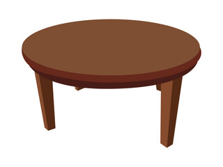 Round wooden coffee table with four sturdy legs on a white background