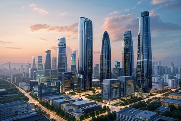 Fototapeta premium Advanced Urban Skyline Featuring Sustainable Energy Innovations and Intelligent Infrastructure