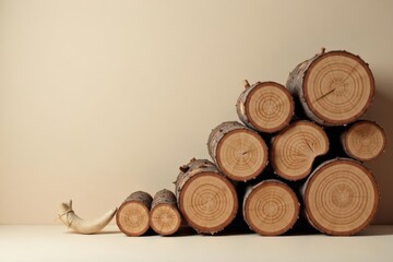 Stack of Natural Wood Rounds with a Single Curved Piece of Horn