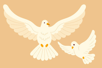 Fototapeta premium Two White Dove of Peace and Spirit. Religious Symbol Holy Spirit of Catholic or Christian Culture. Holiday Biblical Series. Vector Illustration. Isolated flying bird on beige background