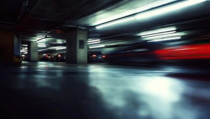 Motion-blurred cars in a dimly lit parking garage