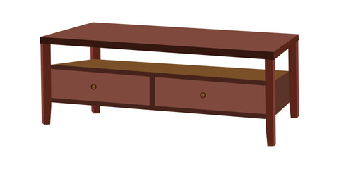 Wooden coffee table with two drawers and an open shelf on a white background