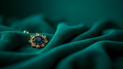 Elegant gold pendant with a sapphire on emerald green fabric.