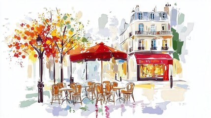 Charming Outdoor Café Scene in Autumn with Colorful Trees and Parasol