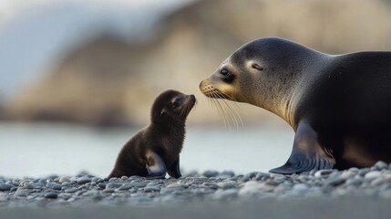 Naklejka premium A baby sea lion waddling along the shore, its mother watching from nearby, adorable and heartwarming,