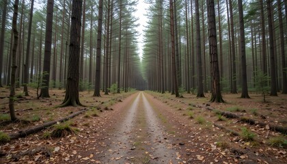 Fototapeta premium Ground-level panoramic capture of a narrow forest path covered in dry pine needles, evoking the feeling of walking through serene woodland. 