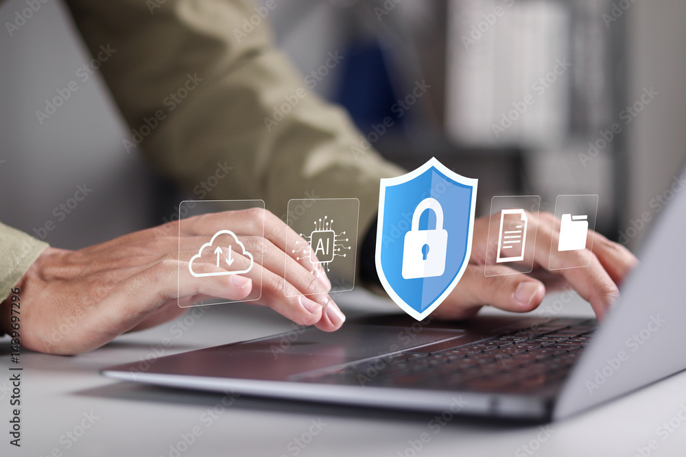 Poster cyber security concept. internet privacy and cyber protection. person using laptop with shield lock 