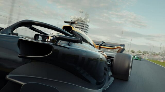 Dynamic low angle front view shot of a generic formula one race car racing along the homestretch over the finish line. 3D animation rendering. New 2025 black and gold race car design