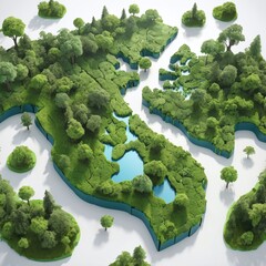 Green World Map- 3D tree or forest shape of world map isolated on white background. World Map Green Planet Earth Day or Environment day Concept. Green earth with electric car. Paris agreement concept.