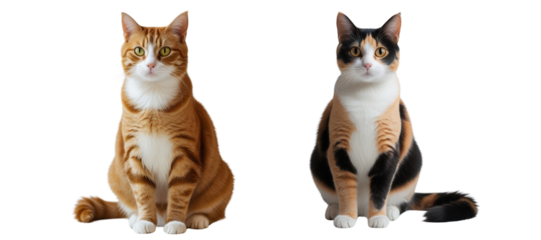 Two cats sitting side by side on a black background looking forward