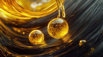 Obraz premium Oil falling on black wavy hair, adding shine. Beauty treatment for health use