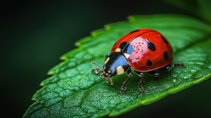 Fototapeta premium Close-up view of a ladybug on a vibrant green leaf.