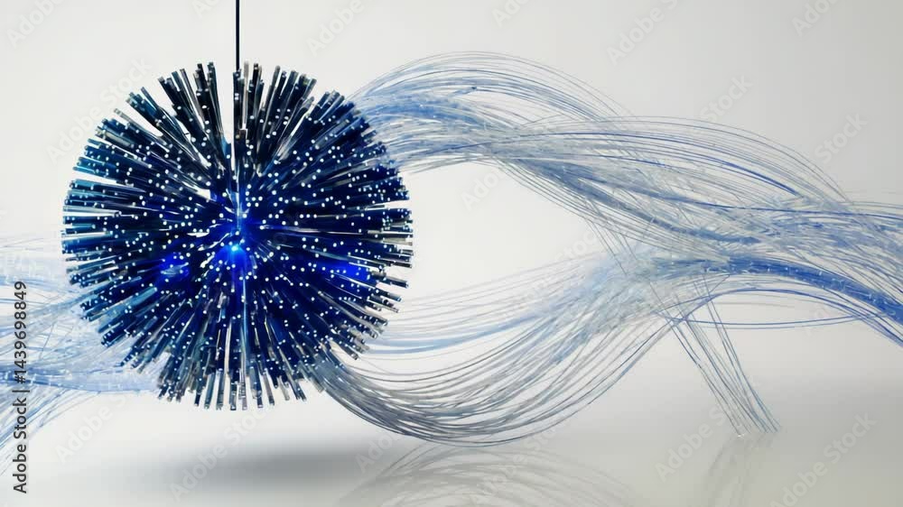 Aufkleber abstract orb made of tangled fiber optic cables hovering in white void..