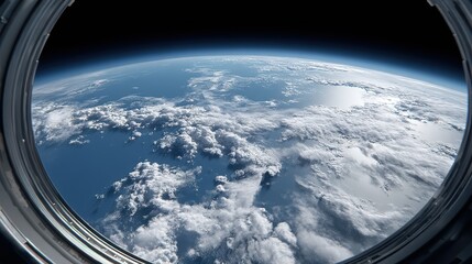 A panoramic view of Earth as seen through a large space station portal, showcasing the curvature and atmospheric details - galaxy beauty blue globe vastness