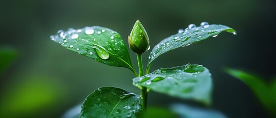 New bud and green leaves with dew