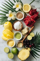 Colorful arrangement of tropical fruits and ingredients on a marble surface surrounded by leaves