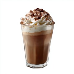 delightful iced coffee with whipped cream and cocoa powder isolated on white background