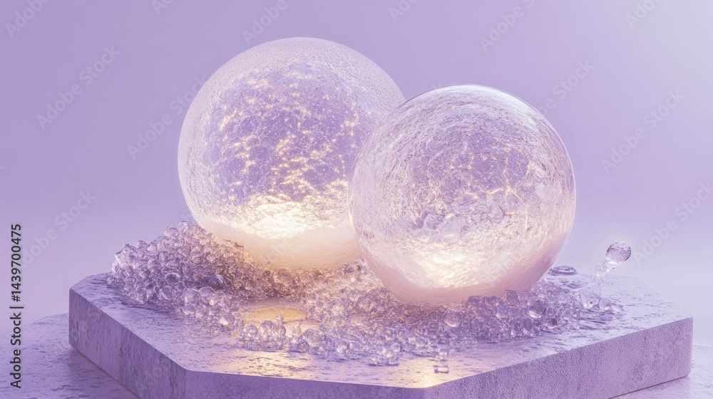 Poster two ice spheres on platform; abstract nature background for product display stage