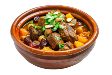 Spiced Lamb Stew with Dried Fruits Isolated On White Background.