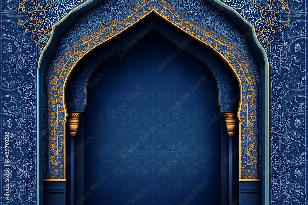 Poster ornate archway design featuring intricate patterns and vibrant colors against a deep blue backdrop