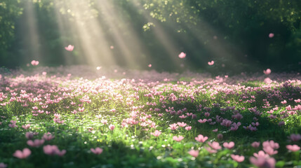 Obraz premium Sunlit Pink Flower Meadow: A Springtime Floral Paradise