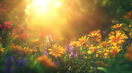 Sunlit Meadow in Bloom: Vibrant Yellow Flowers and Natural Beauty