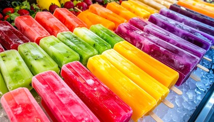 Colorful Rainbow Fruit Ice Popsicles on Ice Delicious Summer Treats