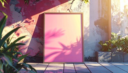 Pink Mockup Poster on Grungy Wall with Tropical Plants and Sunlight Shadows