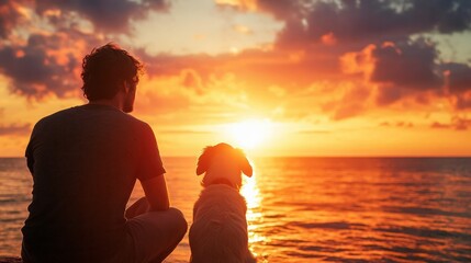 Peaceful man and his dog sitting on a rocky seaside cliff watching a vibrant colorful sunset over the ocean with clouds and warm glowing light
