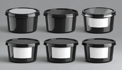 Six Black Plastic Food Containers with Lids Mockup Ideal for Branding and Packaging Design