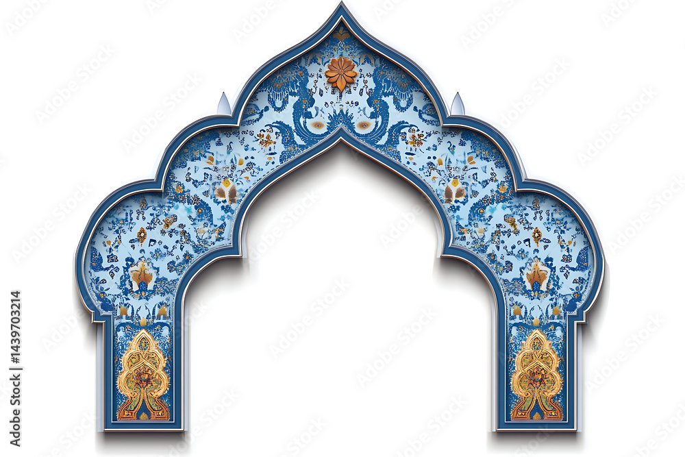 Poster ornate architectural arch design featuring intricate blue patterns and decorative elements