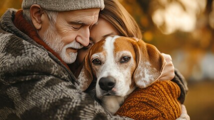 Heartwarming elderly man with gray hair and beard wea cozy knitted hat and warm sweater hugging affectionate basset hound dog outdoors in autumn park setting with colorful foliage