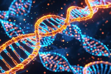 Biometric Health Monitoring Featuring Vibrant Digital Image of Luminous DNA Patterns in Orange and Blue Showcasing Cutting-Edge Biotechnology