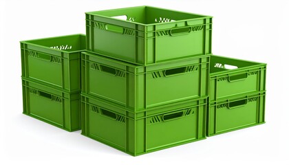 Stack of Green Plastic Storage Crates Boxes for Logistics and Transportation