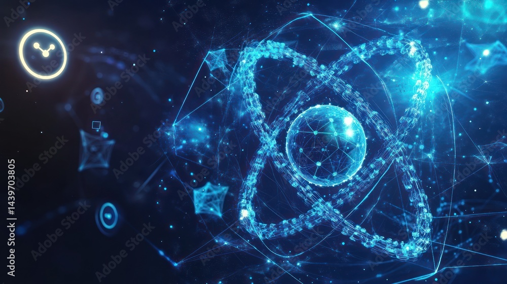 Aufkleber atom model with connecting digital nodes for science technology & research uses