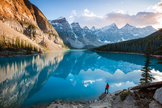 Man looking at Moraine lake, Banff National Park