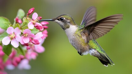 A hummingbird in flight, feeding on pink blossoms.