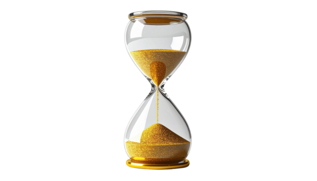 Elegant glass hourglass with golden sand flowing inside, isolated on transparent background, realistic lighting and soft shadows, symbolizing time passing and deadlines