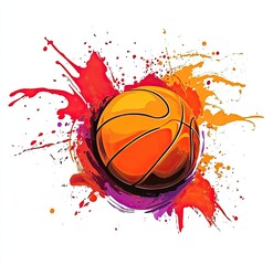 Vibrant basketball engulfed in a colorful paint splatter