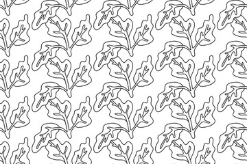 Fototapeta premium Line art floral seamless pattern with tropical leaves vector illustration. Hand drawn outline repeating foliage in white background. Graphic design for Cover Textile Fashion Birthday Wedding Greeting