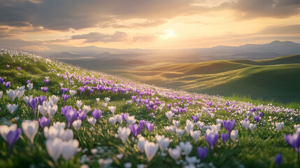 Sunset over Crocus Flower Meadow Rolling Hills Landscape
