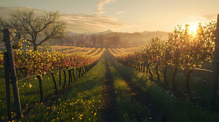 Naklejka premium Sunlit Vineyard Rows at Sunrise: Picturesque Countryside Landscape