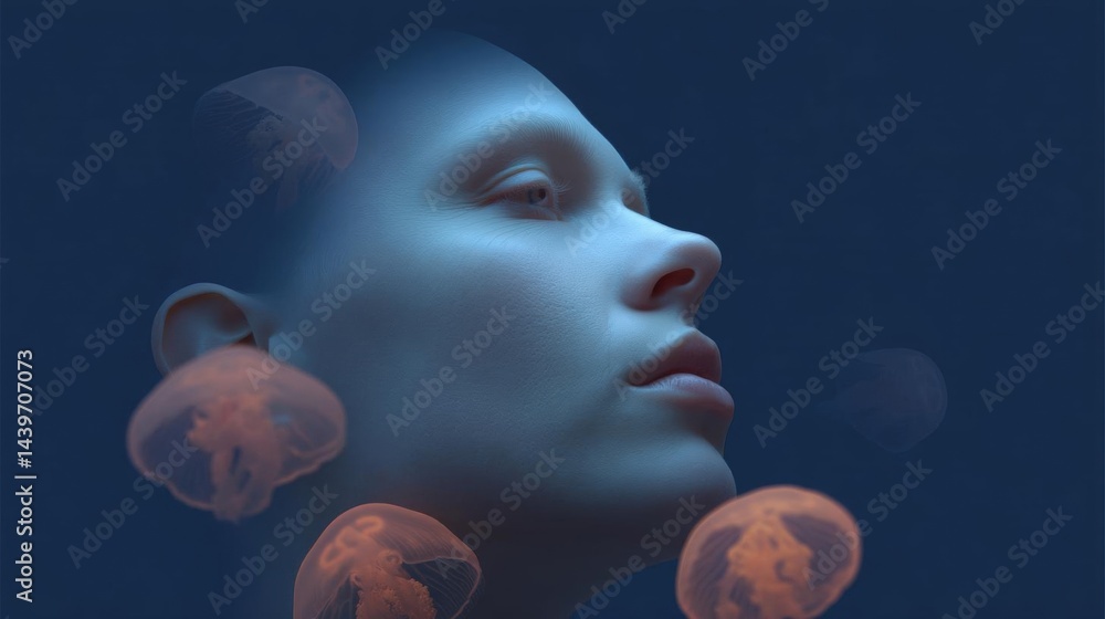 Poster digital illustration of a woman's face with multiple jellyfish floating around her. the background i