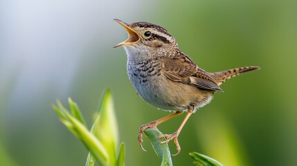 Fototapeta premium Close-up of a small bird singing in a garden.