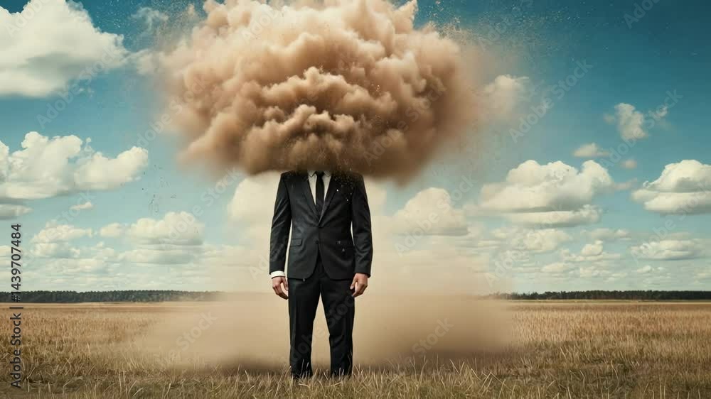 Poster Surreal image of a businessman standing in a field with a large dust cloud replacing his head, symbolizing confusion, stress, or loss of identity
