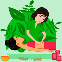 Abdominal massage. Therapy and treatment by professional therapist in SPA. Isolated flat vector illustration. Asian and Eastern ethnicity.