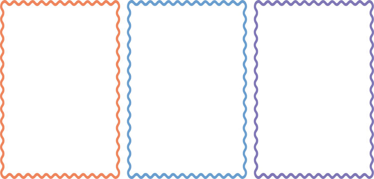 Colorful wavy line frames in orange, blue, and purple, simple hand-drawn style borders perfect for invitations, certificates, greeting cards, scrapbooking, posters, and creative design projects.
