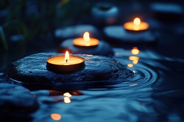 Calm, glowing candles on stones in water